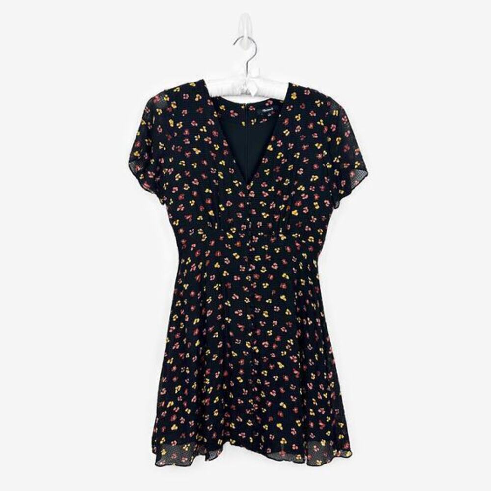 Madewell Silk Button-Front Swing Mini Dress Size 4 Black Feline Floral Soft Girl